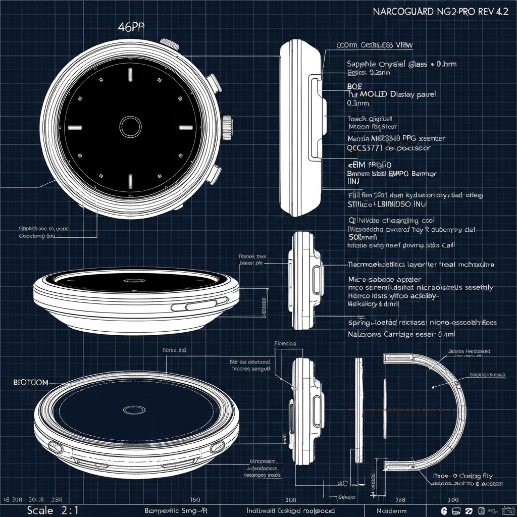 NarcoGuard NG engineering blueprint with cross-section views and dimensions